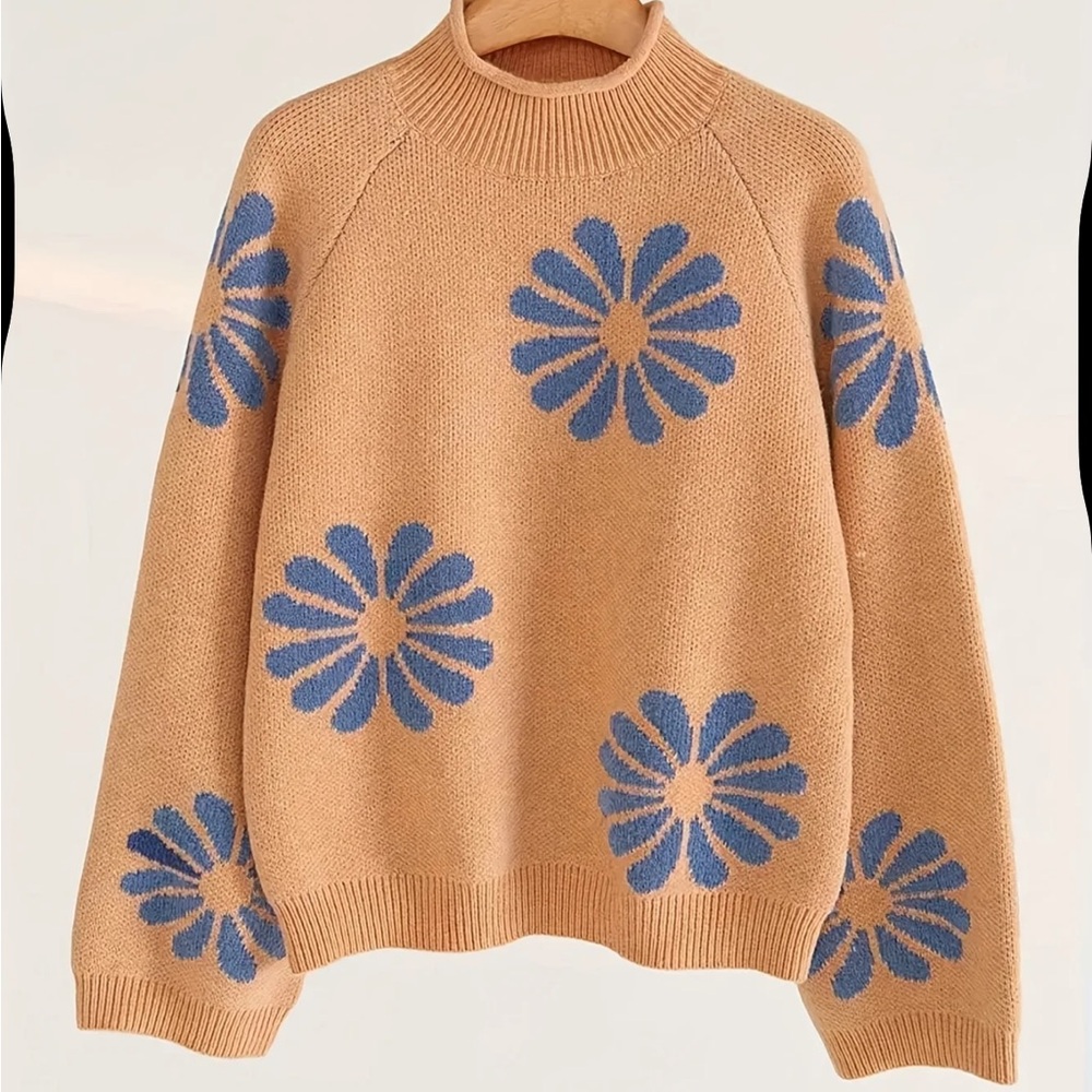Blue Floral Patterned Tan Turtleneck Sweater